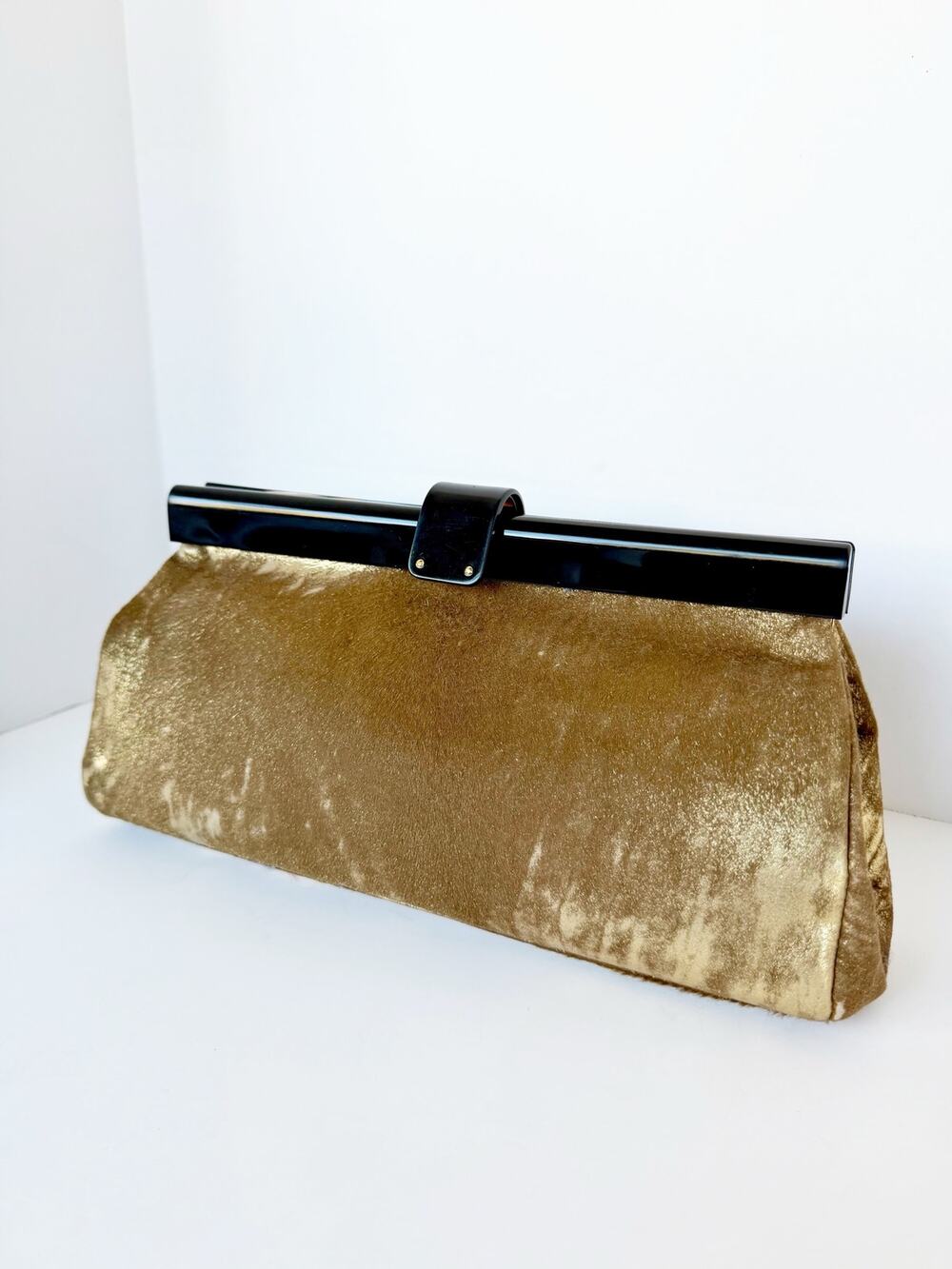 Ralph Lauren Collection Gold Calf Hair Leather Frame Clutch Made in Italy